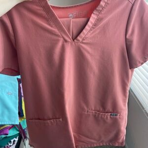 Figs Women's Scrub Top in Coral w/ Flare Pants